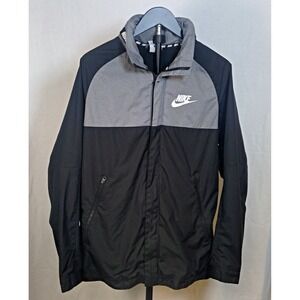 Nike Windbreaker Full Zip Jacket Mens‎ S Spell Out Logo Hidden Hood Black Silver
